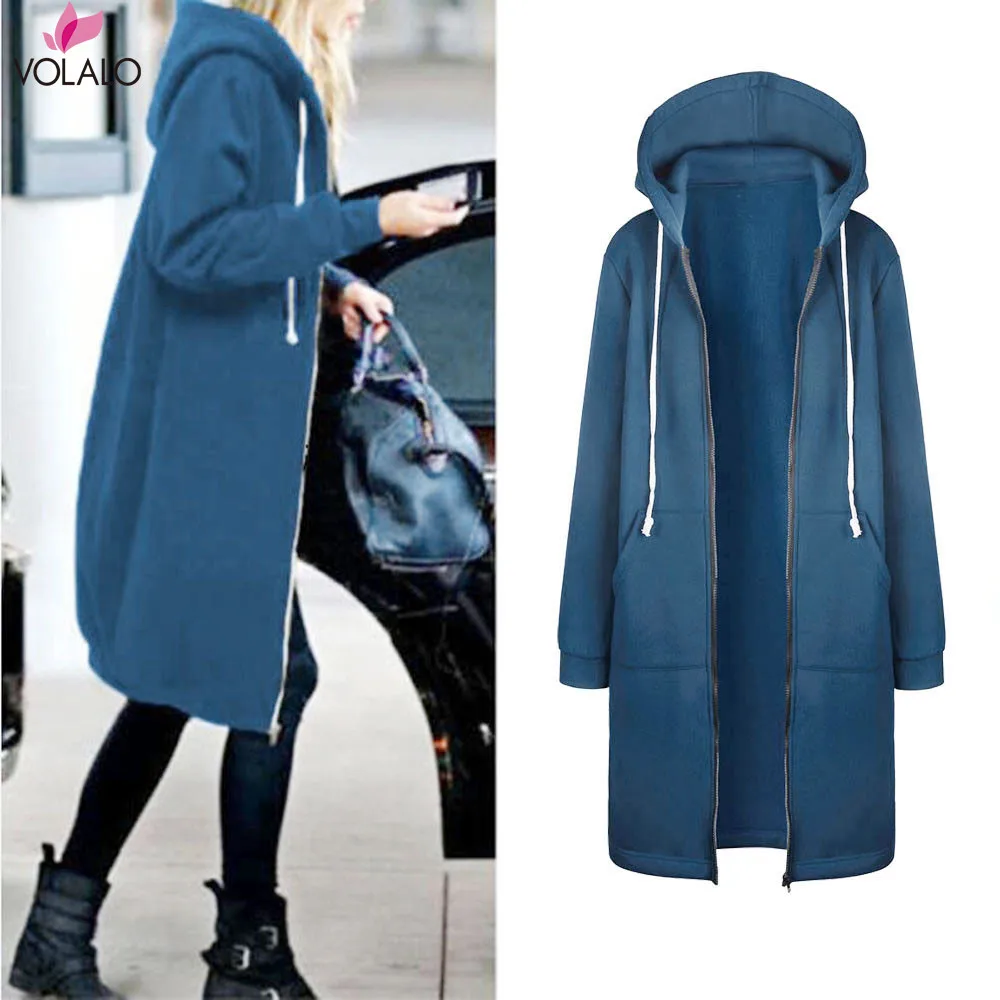 VOLALO Autumn Winter Coat Women 2024 Casual Long Zipper Hooded Jacket Hoodies Sweatshirt Vintage Outwear Coat 5XL