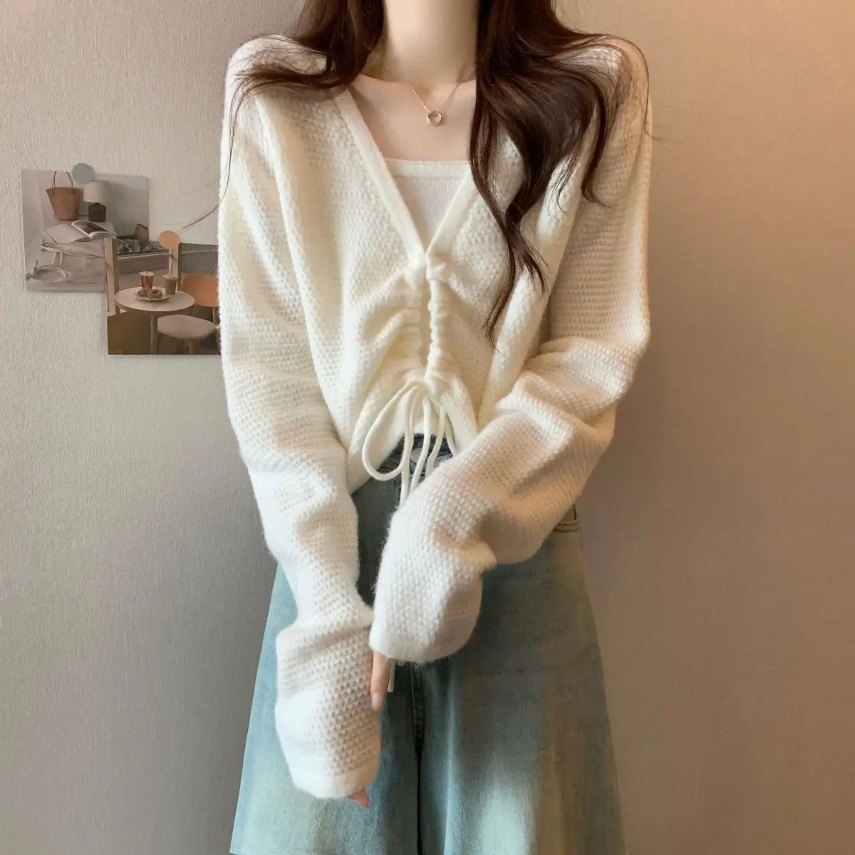 

Gagaok повседневный комплект из двух предметов с v-образным вырезом и шнурком, вязаный пуловер, тонкий женский осенний простой однотонный короткий жилет Conjunto Femenino