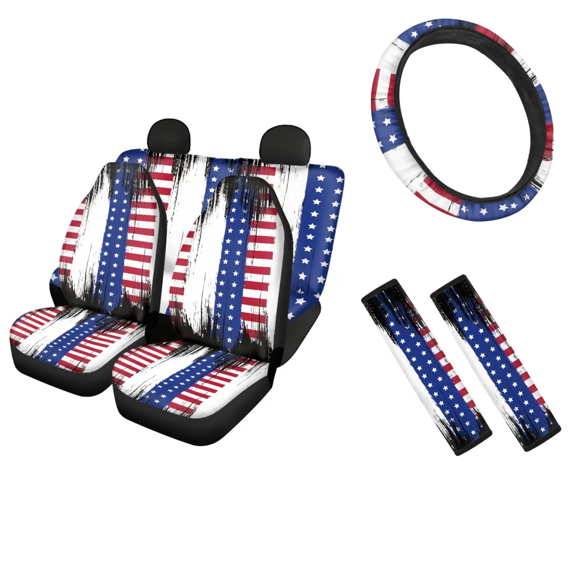 

New Fashion American Flag Print Durable Front/Rear Car Seat Cushion Sturdy Steering Wheel Cover Soft Seatbelt Covers Fit Vehicle
