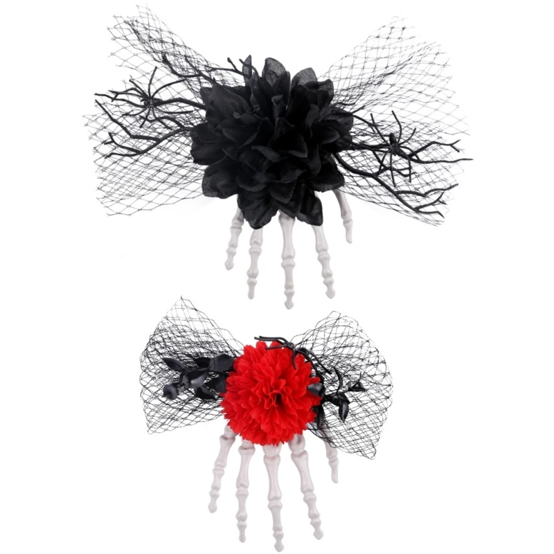 

2Pcs Spooky Floral Skeleton Hairpin Breathable Mesh Hair Clip Barrettes For Halloween Cosplay And Themed Parties 15UB