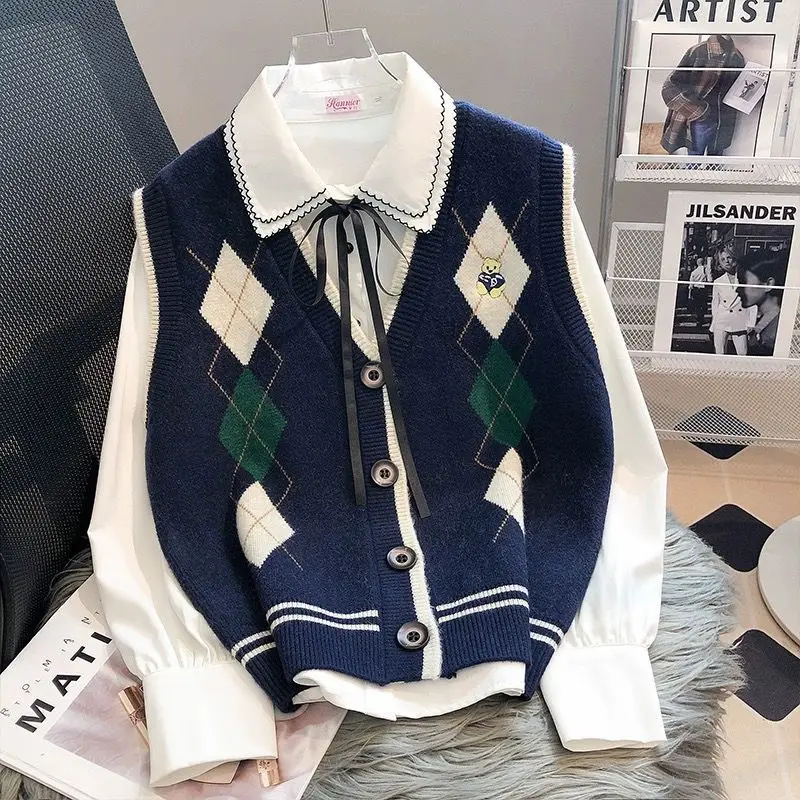 Gilet tricoté gilet femmes automne et hiver pull gilet collège Style gilet diamant pull sans manches pull