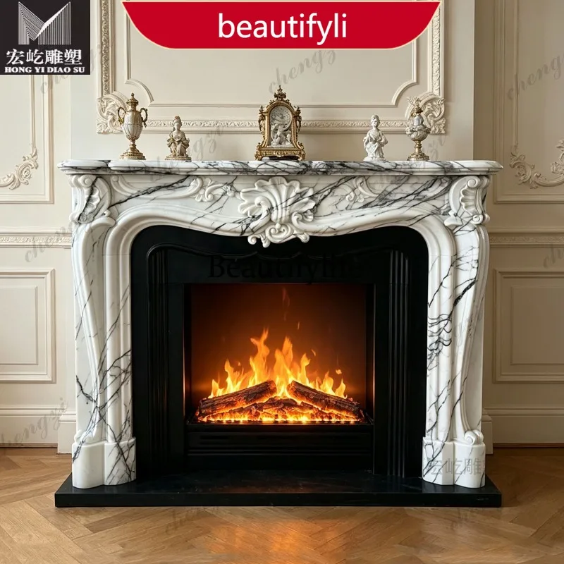 02A Natural marble mantel French light luxury simple living room stone fireplace customization