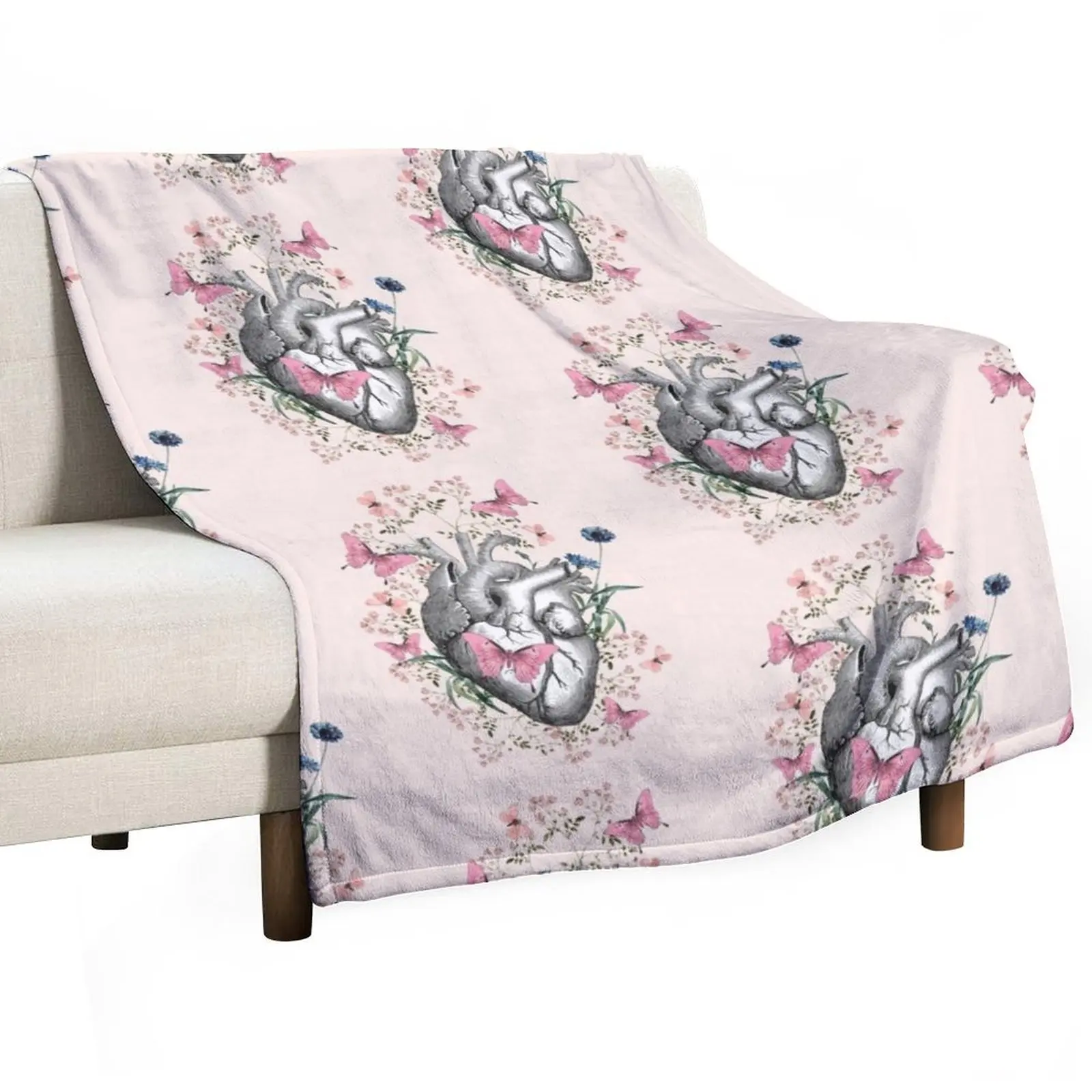 Floral and pink butterflies with Human Heart in love, vintage effect watercolor pink flowers, Heart, anatomical Hu Throw Blanket
