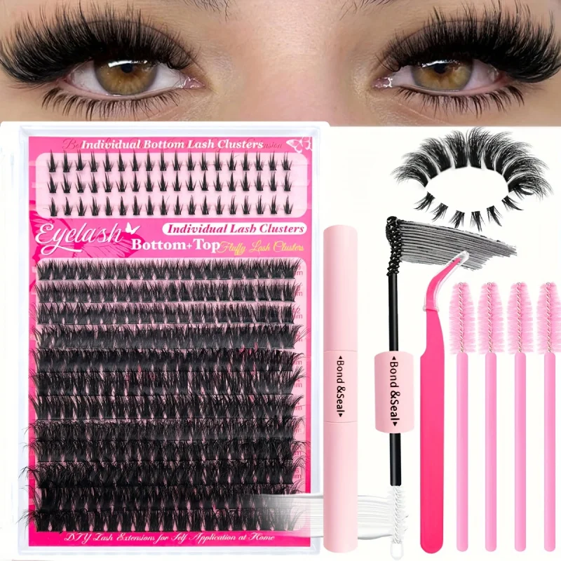 Zestaw do samodzielnego przedłużania rzęs, pojedyncze puszyste kępki rzęs z klejem i pęsetą, mieszane rzęsy dolne 40D/60D/80D/100D