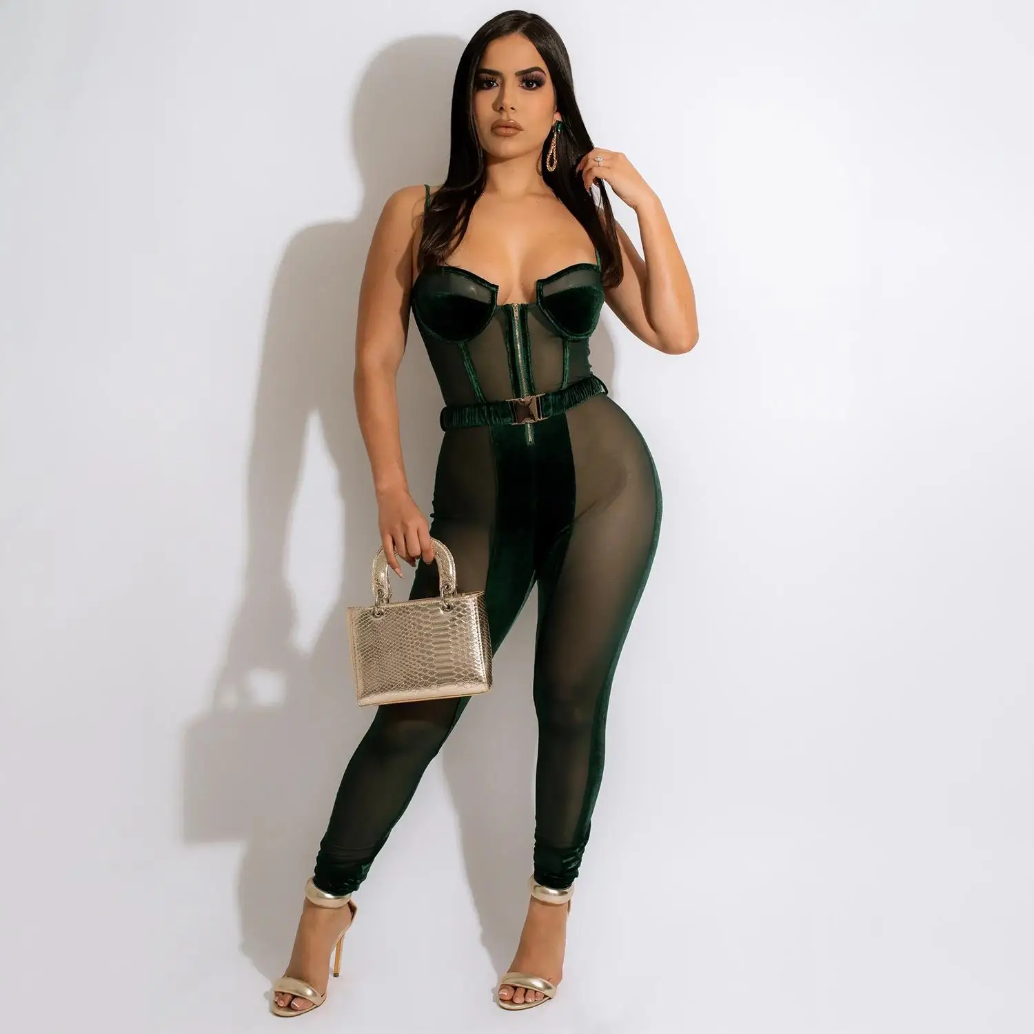 

Mesh Velvet Sexy Jumpsuits Women Fashion Clothes 2022 One Piece Solid Sleeveless Bodycon Clubwear Patchwork Jumpsuit Bodysuits