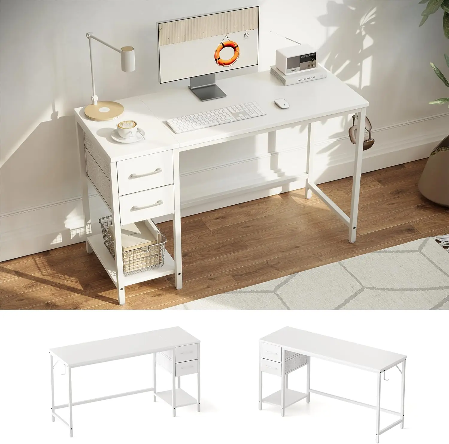 

40-Inch White Office Desk with 2 Drawers and Shelf, Reversible Design for Home Study or Gaming