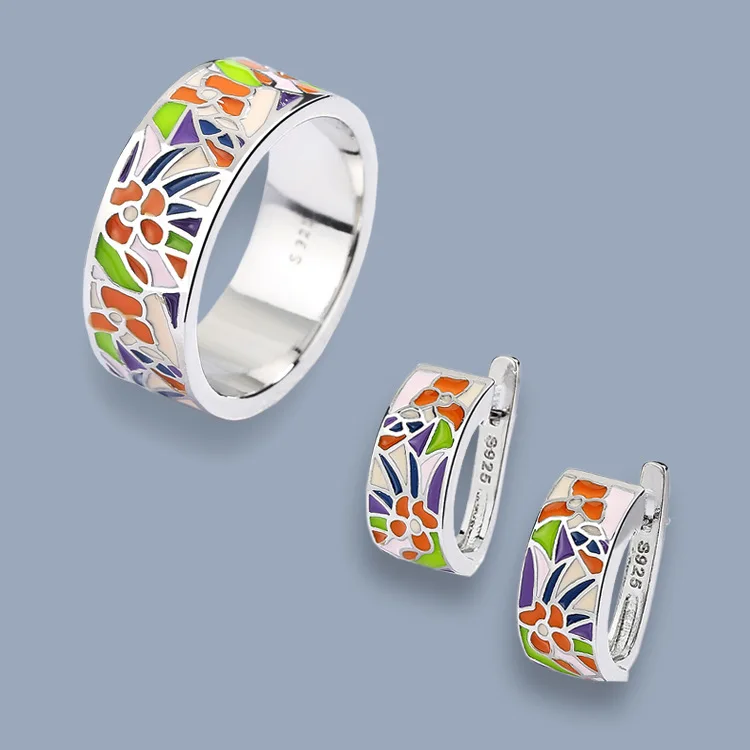 Bohemian Style Handmade Enamel Against Color Floral European and American Ring Earrings Set Elegant Temperament Jewelry