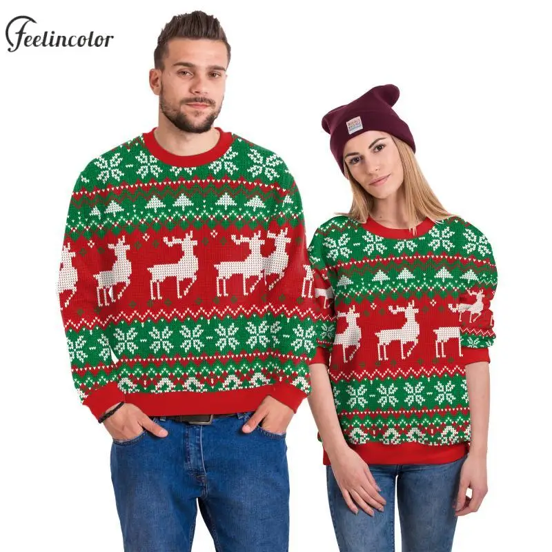 

Couple Ugly Christmas Sweatshirts Elk Graphic Pullover Red Green Xmas Hoodies Autumn Winter Streewear Male Clothes Festival Gift