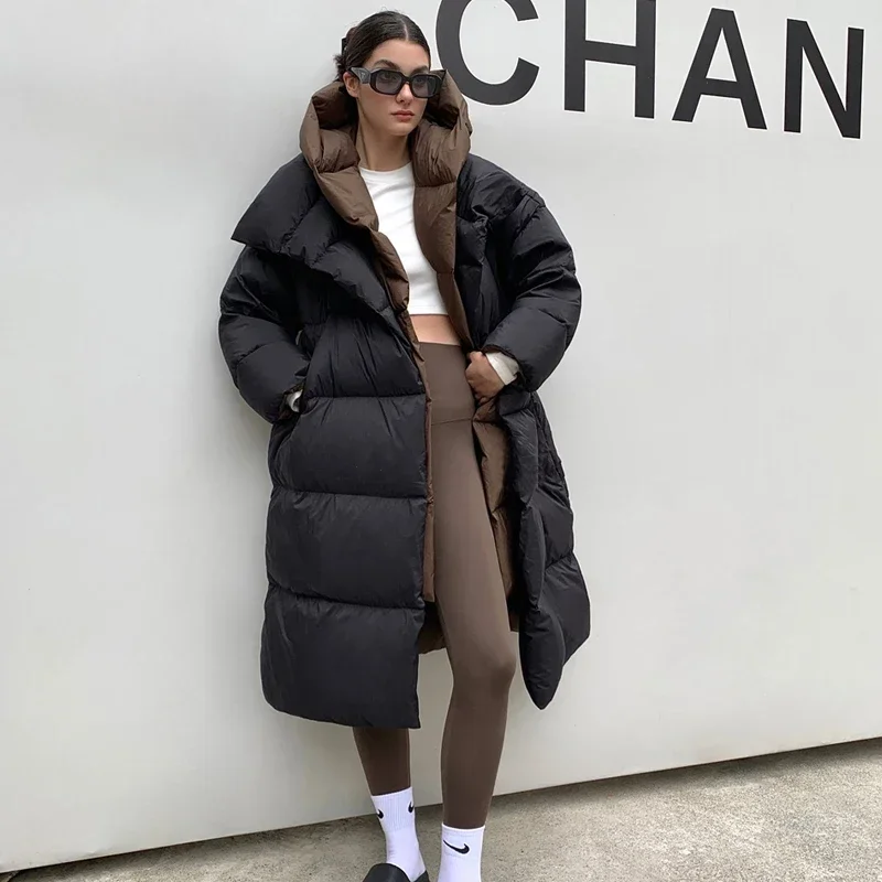 

Janveny Fluffy White Duck Down Jacket Women Winter Thickness Warm Long Puffer Coat Hooded Female Fashion Fake Two-piece Parkas