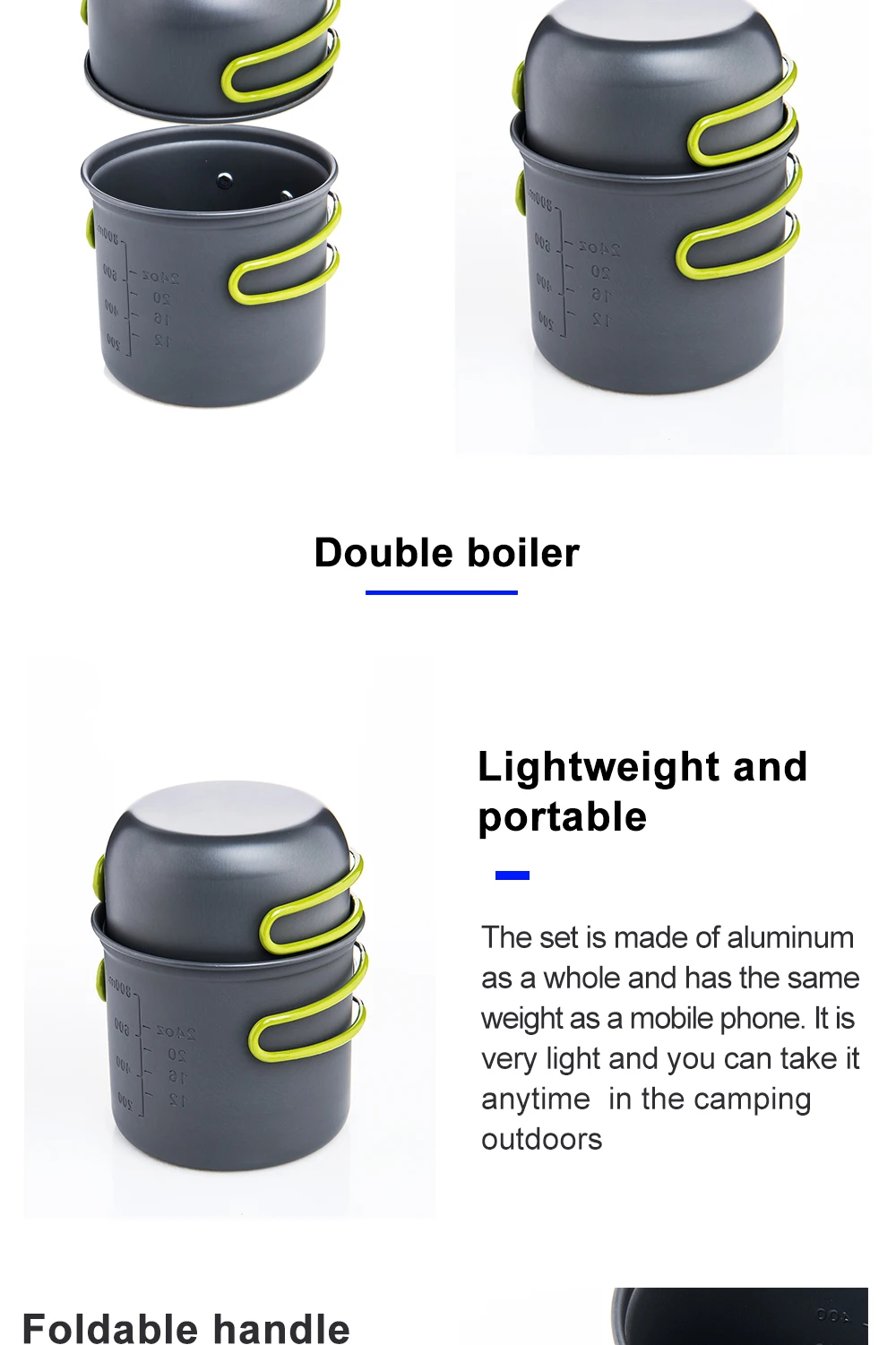 Widesea Ultraleichtes Camping-Kochgeschirr-Set für 1-2 Personen Harteloxiertes Aluminium Tragbarer Doppeltopf mit Klappgriff und Netzbeutel – Detail 3