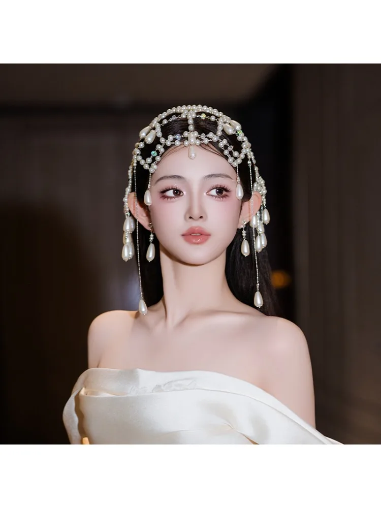 Korean elegant light luxury exotic style high sense water drop fringed pearl headdress bridal stage accessories
