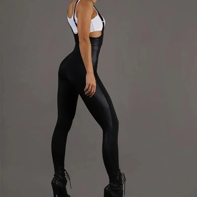レディース クラシック スキニー レザー ジャンプスーツ 2025 ブラック セクシー バックレス ノースリーブ レギンス ラップ タイツ ジム スポーツウェア 女性用 70289