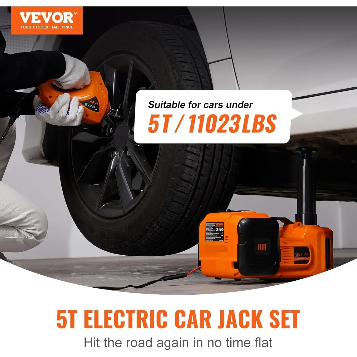 VEVOR Electric Car Jack, 5 Ton/11023 LBS Hydraulic Jack Lift w/ Electric Impact Wrench, Built-in Inflatable Pump, and LED Light