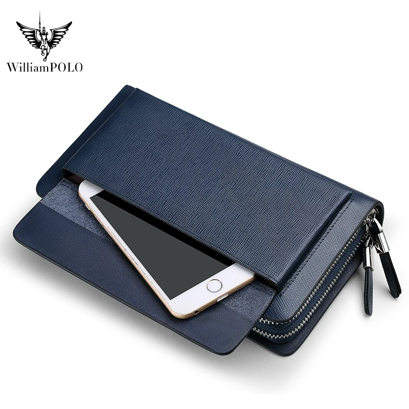 WILLIAMPOLO 고급 남성용 가죽 클러치 백 대용량 롱 지갑 고품질 소 가죽 클러치 지갑 패션 핸드 백