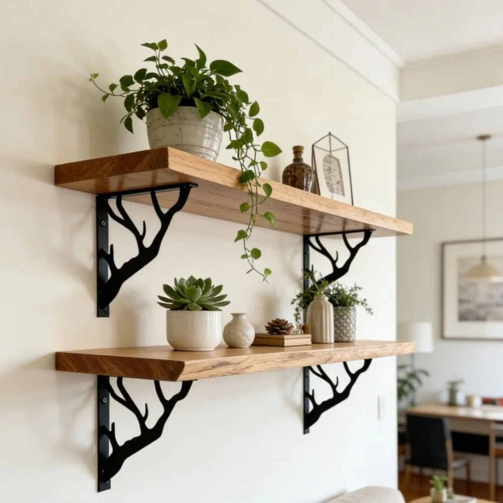 2Pcs Tree Shaped Metal Shelf Brackets Cast Iron Heavy-Duty Wall Mounted Brackets Thickened Triangular