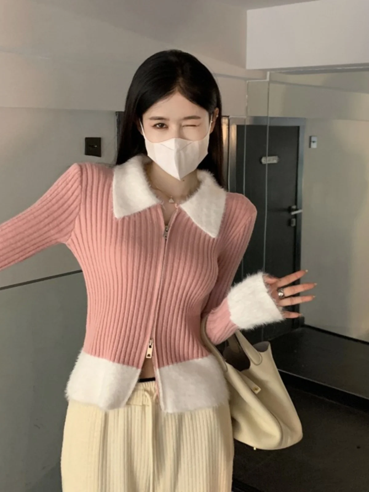 Cárdigan Abierto de Punto con Cuello Alto y Doble Cremallera, Color Rosa, para Mujer, Estilo Dulce, Manga Larga, Ajustado, co...