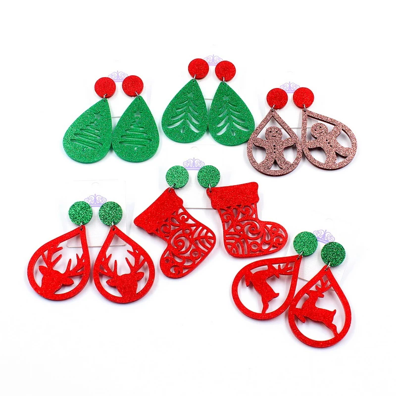 Christmas Earrings Breadman Earring Red Glitter Boots  Green Glitter Tree Acrylic Earrings