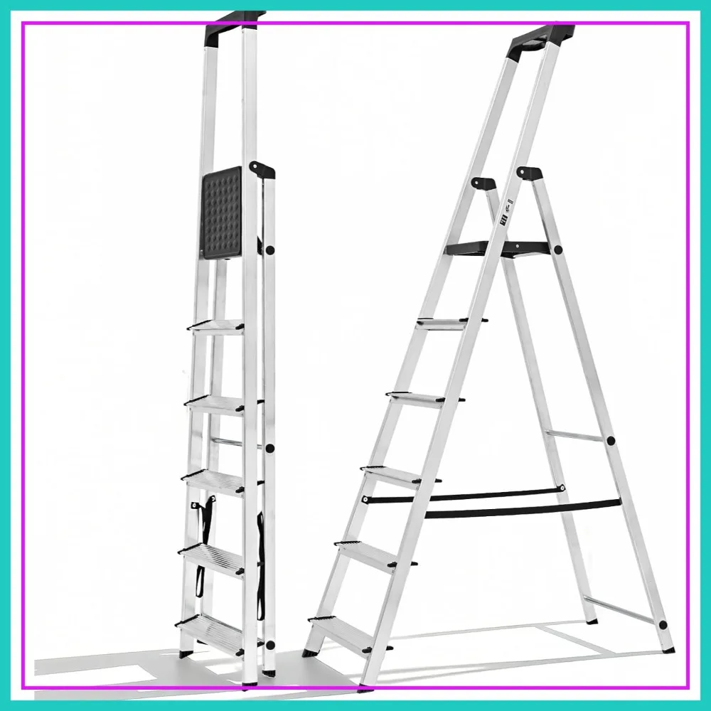 

6 Step Ladder, 330lbs Folding Step Stool with Anti-Slip Wide Pedal Handrails, Aluminum Stool Ladders, Safety Household Ladder for Home Kitchen Courtyard Outdoor