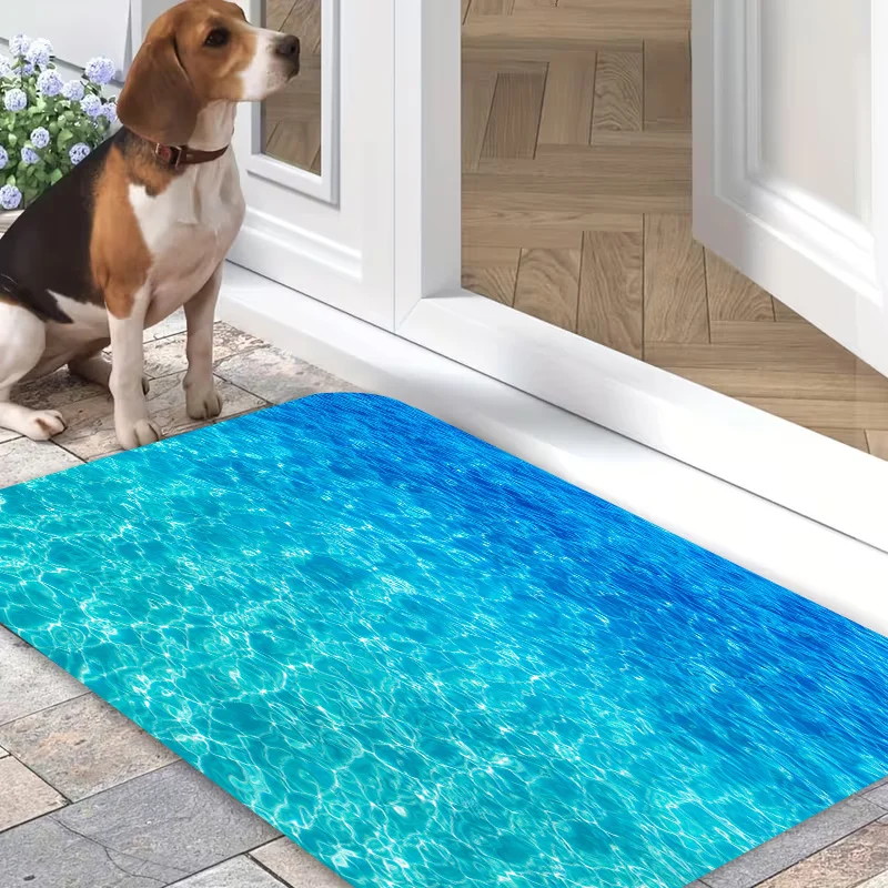 VIKAMA Sea Water Floor Mat Blue Ocean Clear Water Ripple Pattern Anti‑Slip Washable Doormat Entryway Porch Home Decor Rug