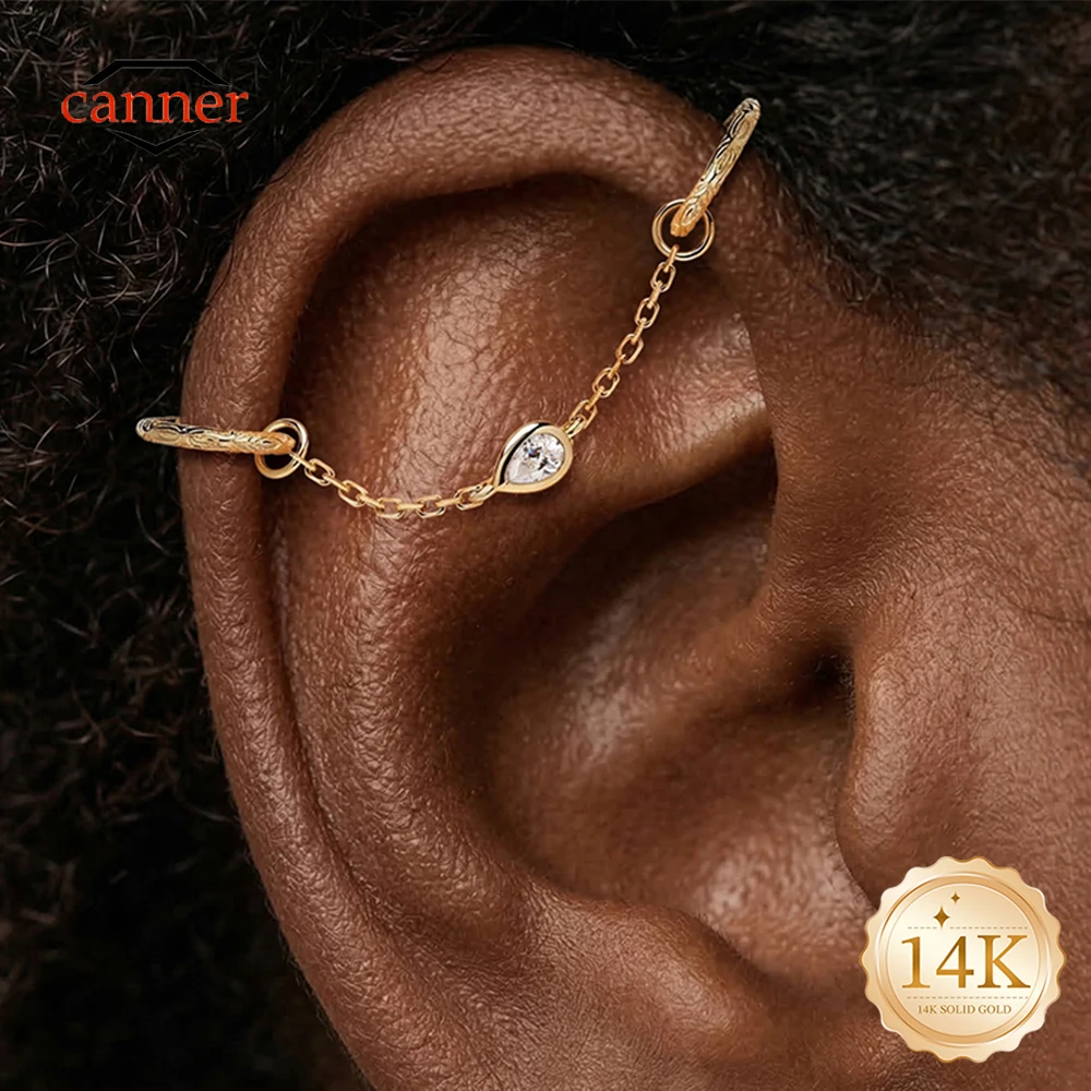 CANNER 1PC 14K Solid Gold Tassel Chain CZ Dangle Piercing Earring Minimalism Cartilage Helix Tragus Conch Jewelry Women Gift