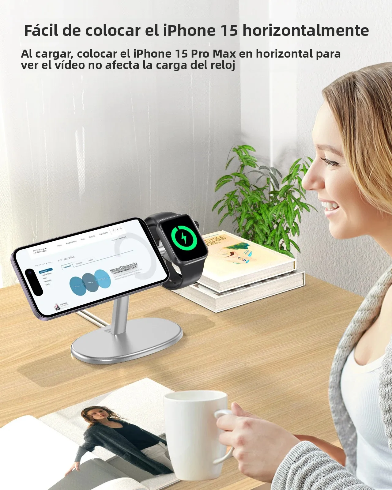 Soporte de Escritorio 2 en 1 EWA para Teléfono y Cargador Magsafe para iPhone 16~12 y Apple Watch Series (Cargador no Incluido)