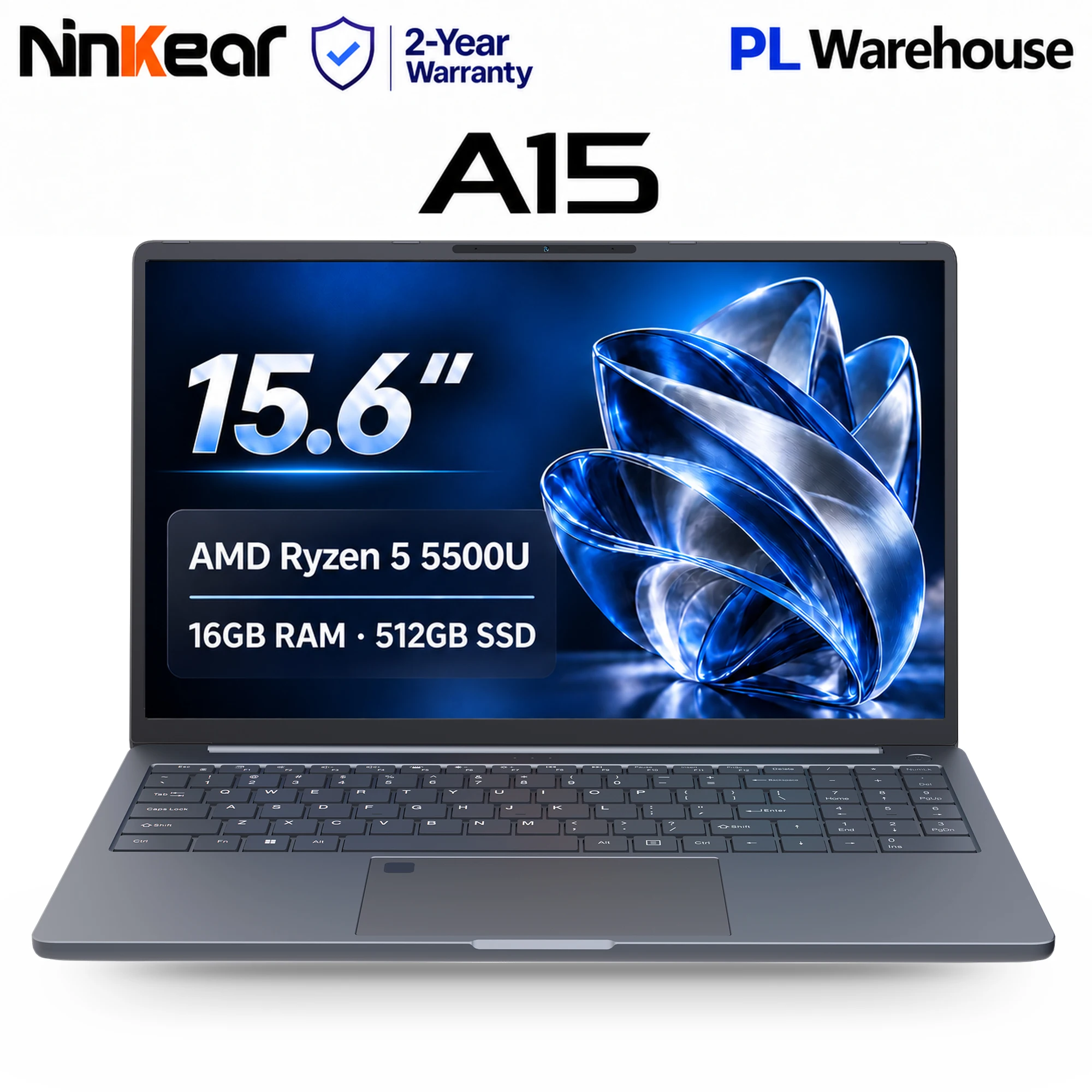 Ninkear A15 Laptop AMD Ryzen 5 5500U 15.6 Zoll FHD IPS Display 16GB RAM 512GB SSD Fingerabdrucksensor Windows 11 WiFi 6 USB-C PD 65W Schnellladen für Büro Studium Multitasking