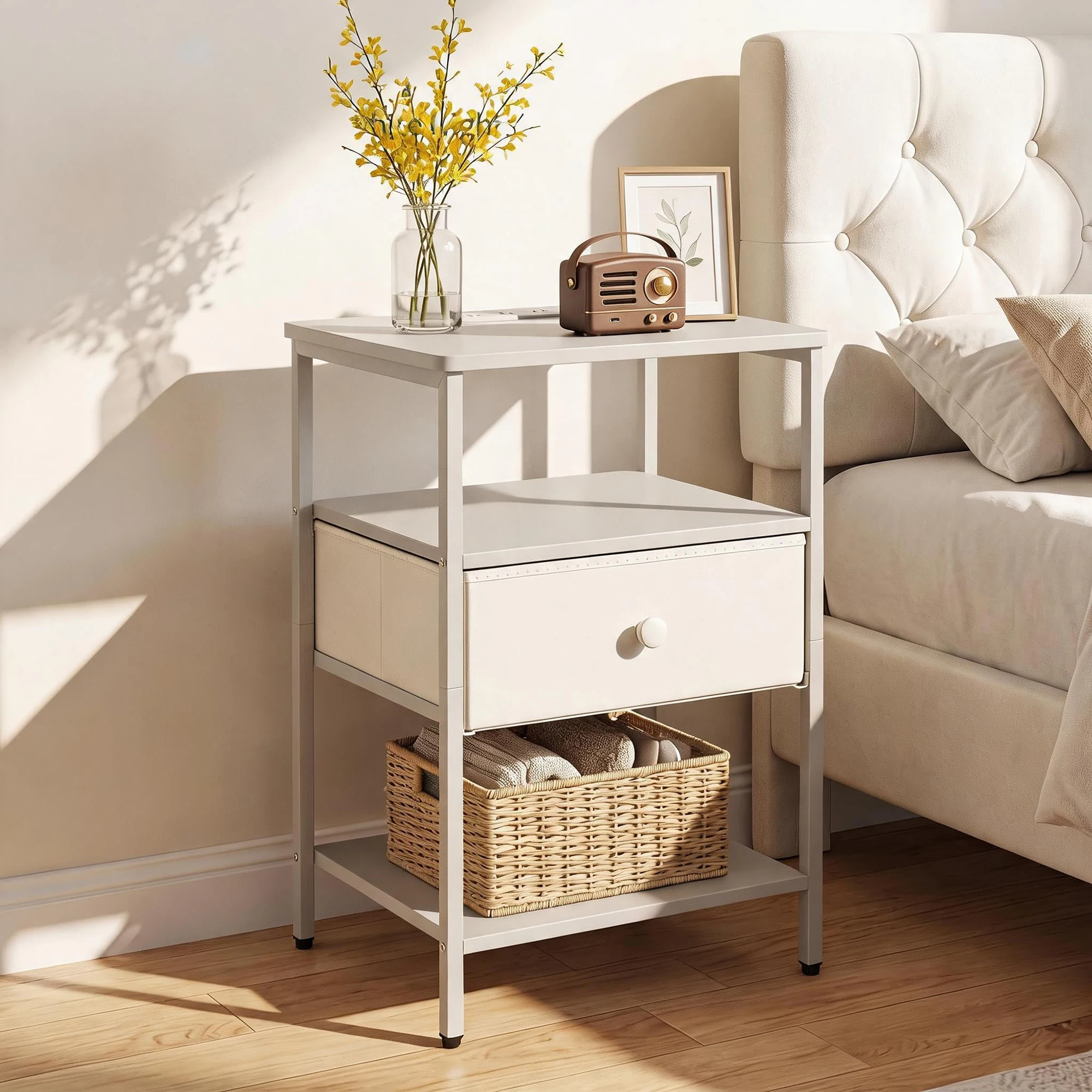 Nightstand With Charging Station, 3-Tier Side Table With Fabric Drawer, Metal Frame Bedside End Table For Bedroom Living Room