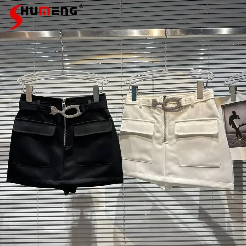 Women's Slimming Short Skirt 2023 Summer New Niche Rhinestone Belt Pocket Temperament Hot Girl Exposure-Proof Mini Skirt