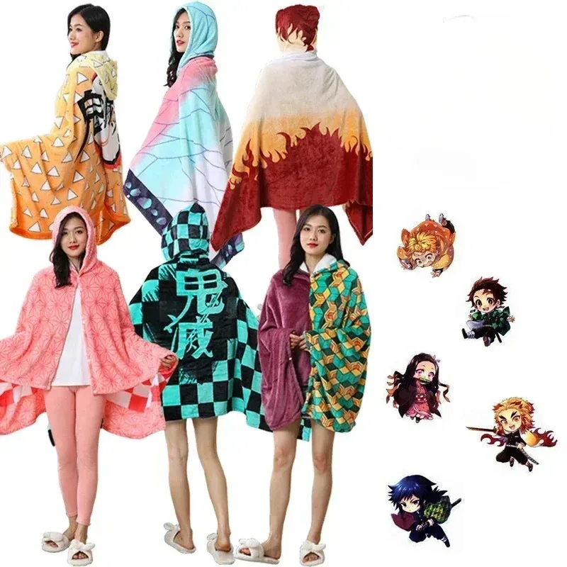 Anime Blanket Cloak Demon Slayer Adult Hoodie Bathrobe Nezuko Kamado Cosplay Costume Agatsuma Kochou Winter Flannel Warm Shawl
