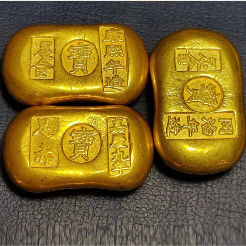 Vintage Gilt Qing Dynasty Gold Ingot Replica Yuanbao Bar Antique Style Collectible Home Wealth Desktop Decor Lucky Ornament