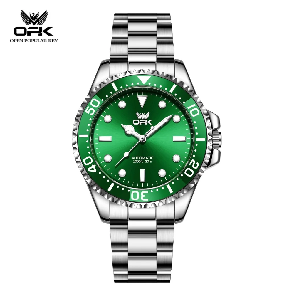 OPK Green Water Ghost Men's Automatic Mechanical Watch Steel Strip Waterproof Hollow out Night Light 6104