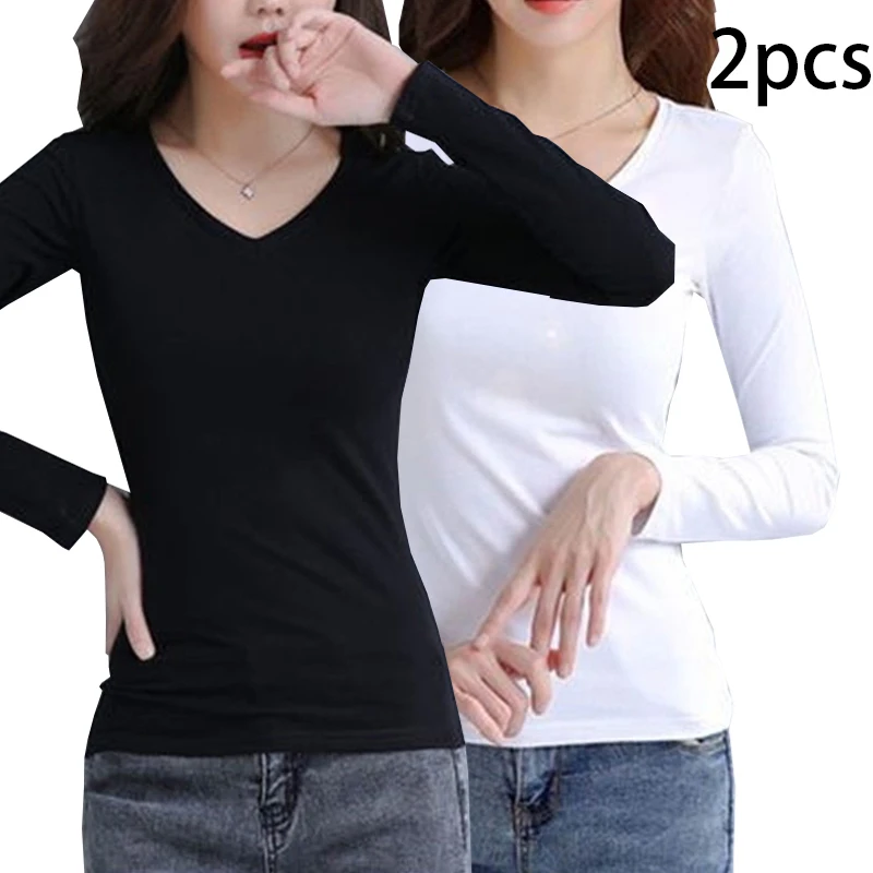 2pcs Women Autumn Thin Long-sleeved T-shirt Lady Thermal Underwear Slim Fit Fashion New Style V-neck Top Black White S-5XL