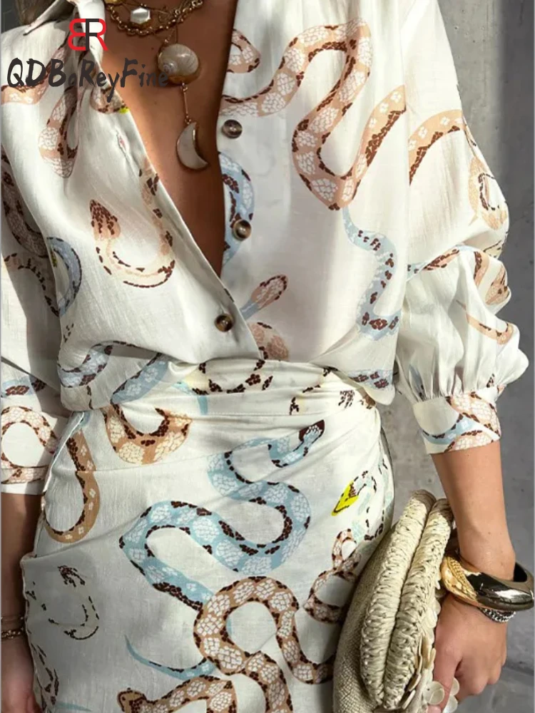 Summer Spring Women Skirts Sets Animal Printed Elegant Oversized Long Sleeve Shirts High Waist Skirts Two Piece Sets Women 2024