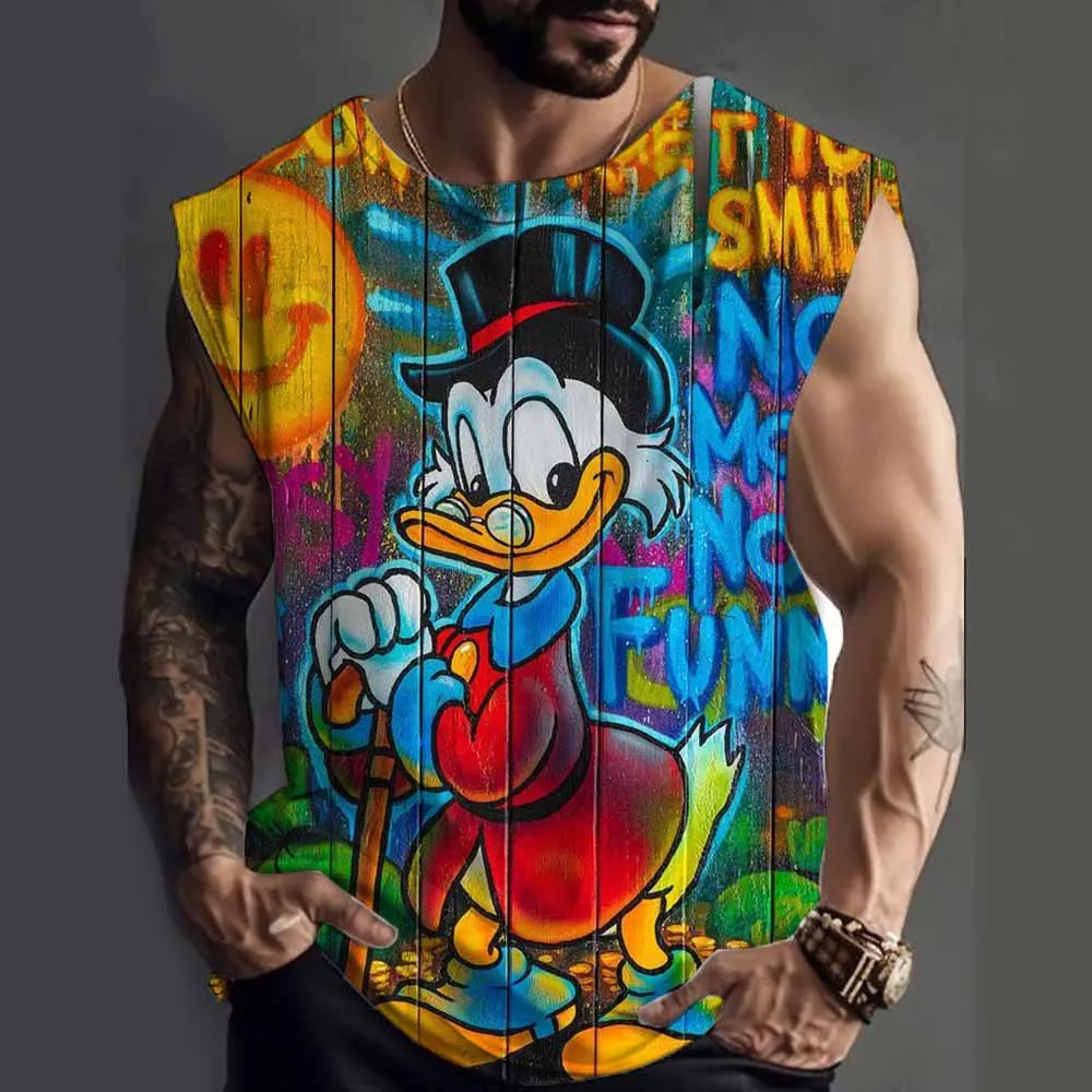 تي شيرت رياضي بدون أكمام للرجال كاجوال قابل للتنفس ورقبة دائرية بدون أكمام صيفي كاجوال من ديزني دونالد داك مطبوع عليه مضحك كلاسيكي تي شيرت