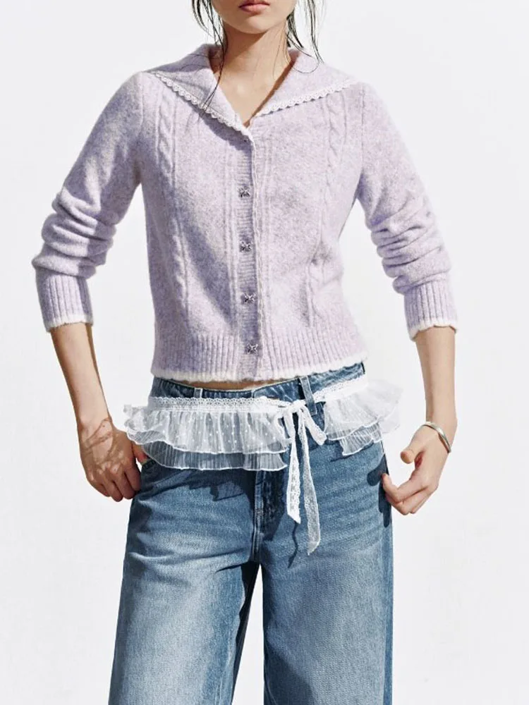 

Ele Faion вязаный кружевной кардиган на пуговицах с узлом, осеннее новое поступление, женская одежда, повседневная длина, длинная длина...