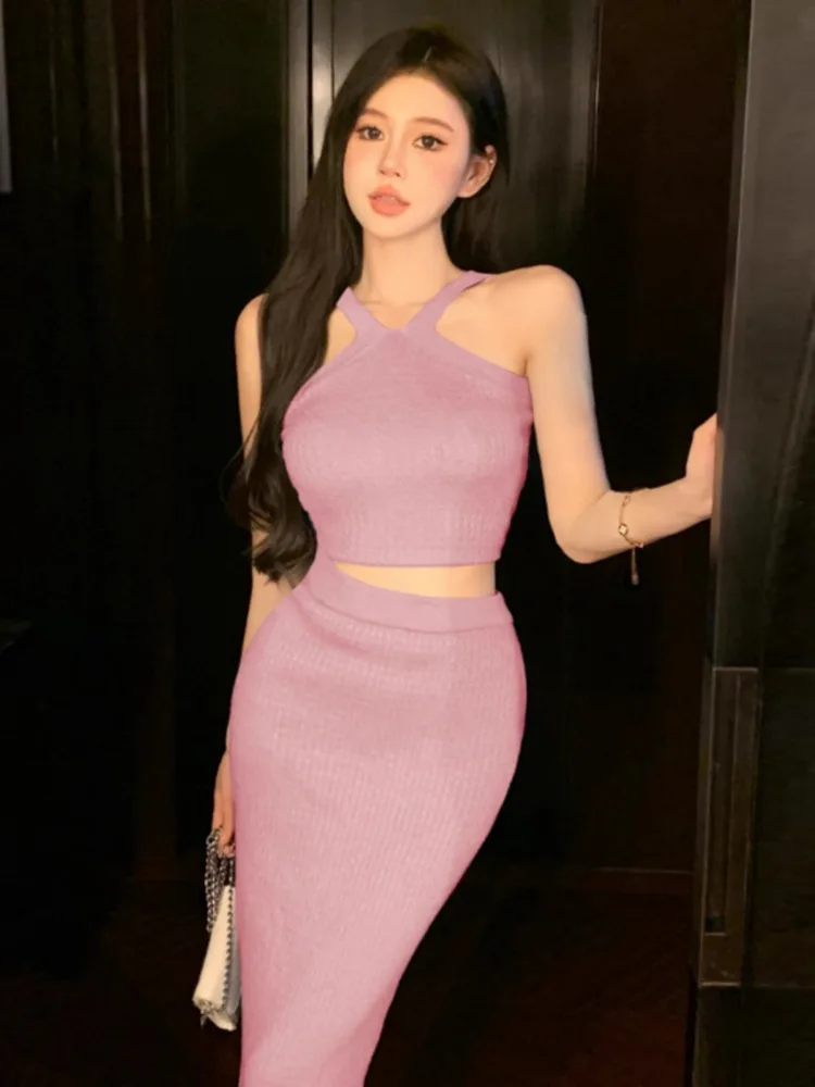 Kimotimo Knitted Suits Women Fashion Halter Off Shoulder Short Vest High Waist Wrapped Slim Fit Long Skirts Sexy Two Piece Sets