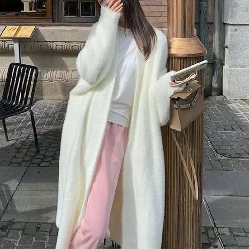 Faux mink knee-length knitted cardigan coat female 2024 fall and winter loose lazy wind long-sleeved sweater coat