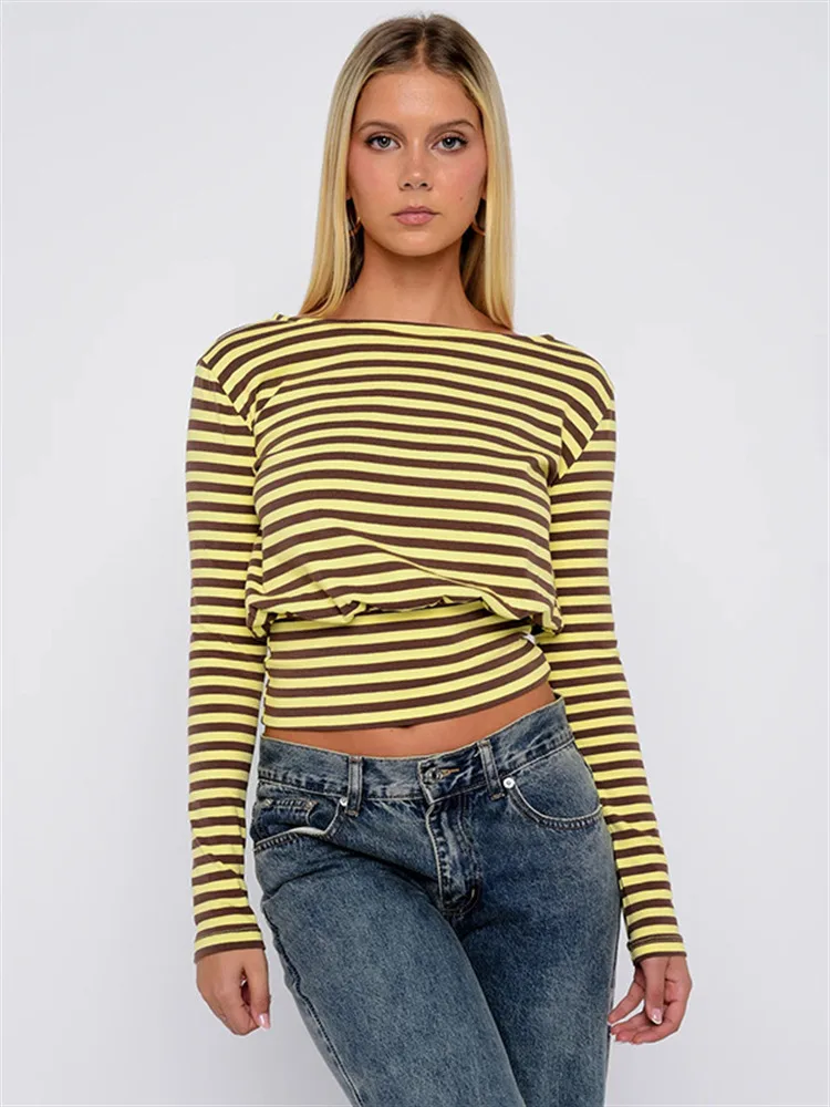

Absobe Women's Autumn New Stripe T-shirt O-Neck Long Sleeve Straight Crop Top Fall Winter 2025 Casual Blouse Stylish Streetwear