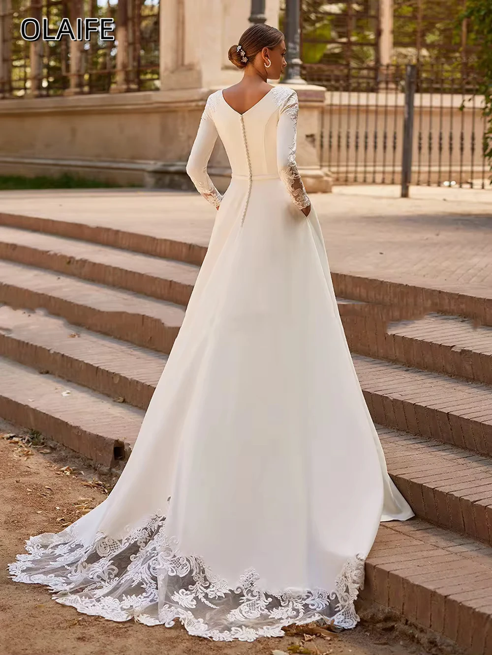 Olaife Wedding Dresses Long Sleeves Satin Lace Belt Buttons Applique Sweep Train Vestidos De Novia A Line Bridal Gown for Bride