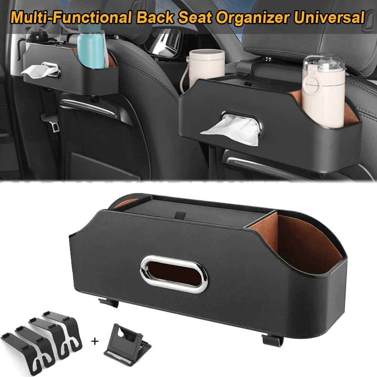 Universal For AUDI BMW Mercedes Benz W205 Multi-Functional Back Seat Organizer w/ 2 Drink Cup Holder Tissue Box Storage Hook