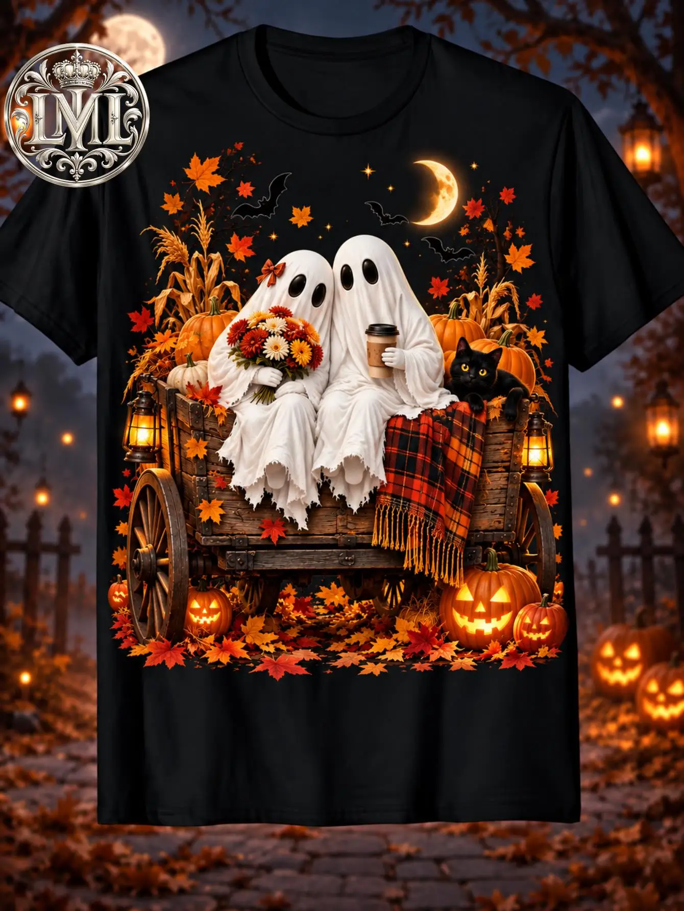 Men and Women Vintage Halloween Couple Fall Pumpkin Floral Crescent Moon Graphic T Shirt Crewneck Short Sleeve Tee Holiday Party Gift All Season Daily Wear