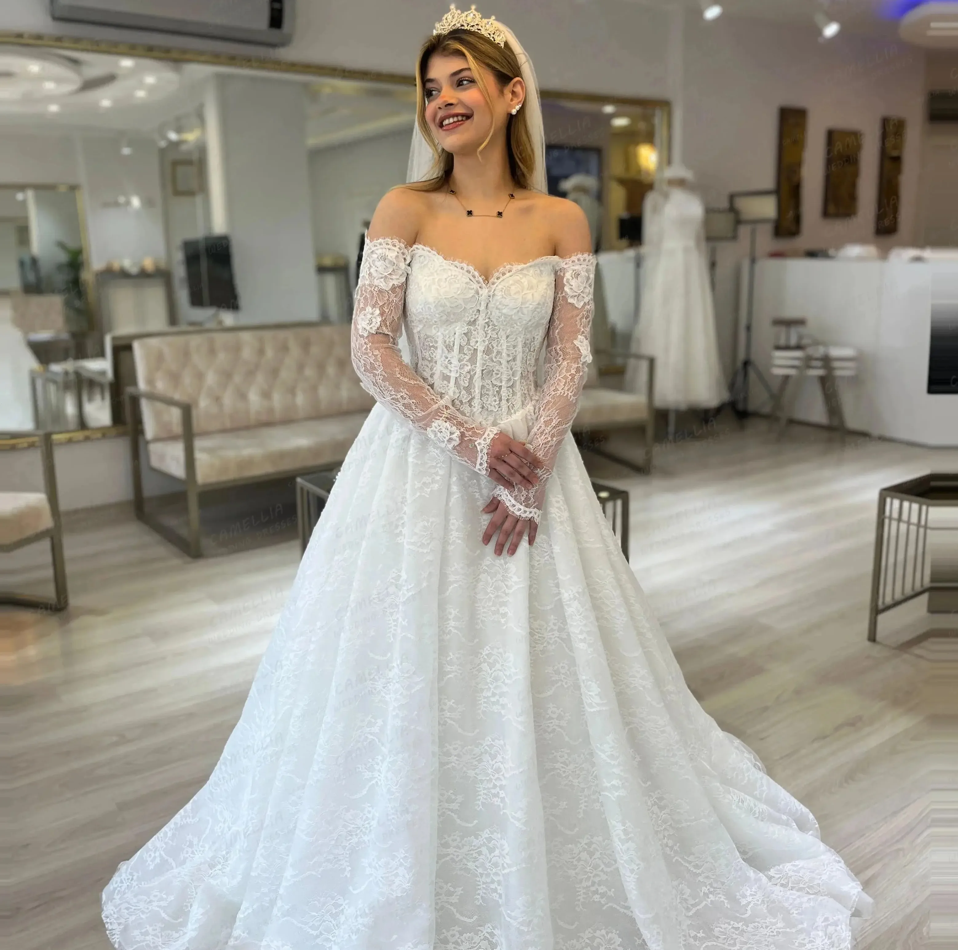 Elegant Wedding Dresses Women's A Line Lace Off Shoulder Bridal Gowns Long Sleeve Party Vestidos De Novia Robe De Mariage