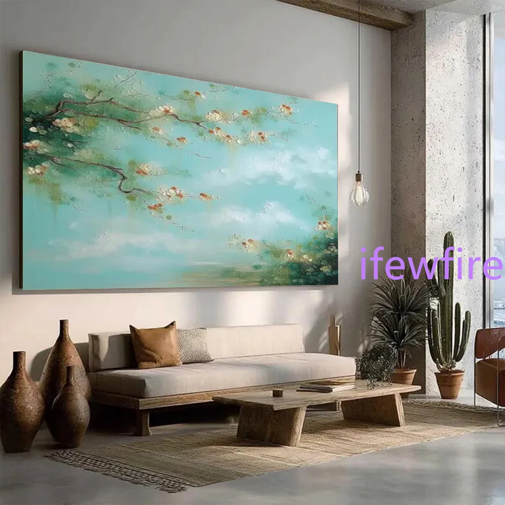 100% Handmade Abstract Oil Painting on Canvas Fresh color apricot blossom branches Wall Art Picture for Living Room Decor Image