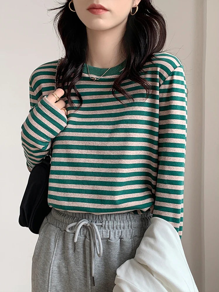 Korea Cotton T Shirt Women 2022 Autumn T-Shirt Woman Casual Top Tee Female Green Black Striped Long Sleeve Tshirt Basic Winter