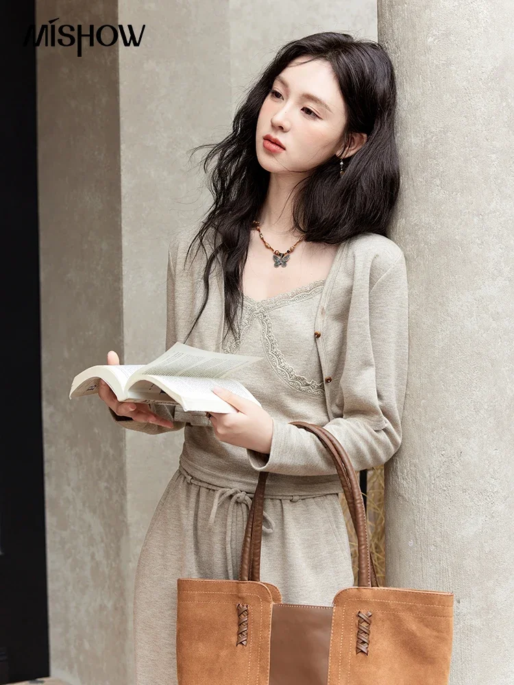 MISHOW French Women Lace Splicing Camisole Cardigan Straight Pants Separately Solid Top Elastic Waisted Pants MXD47T0405