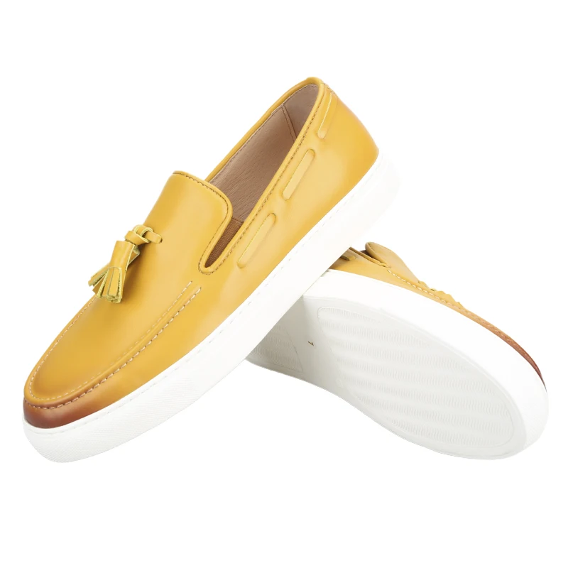 Piergitar Yellow Color Hand-Polish Calfskin Men Sneakers With Tassel Design Slip-On Men's Casual Shoes White Rubber Outsole