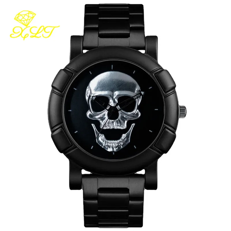 Skull Casual Sport Watches for Men Steel Band Non-mechanical Quartz Watches Chronograph Wristwatch