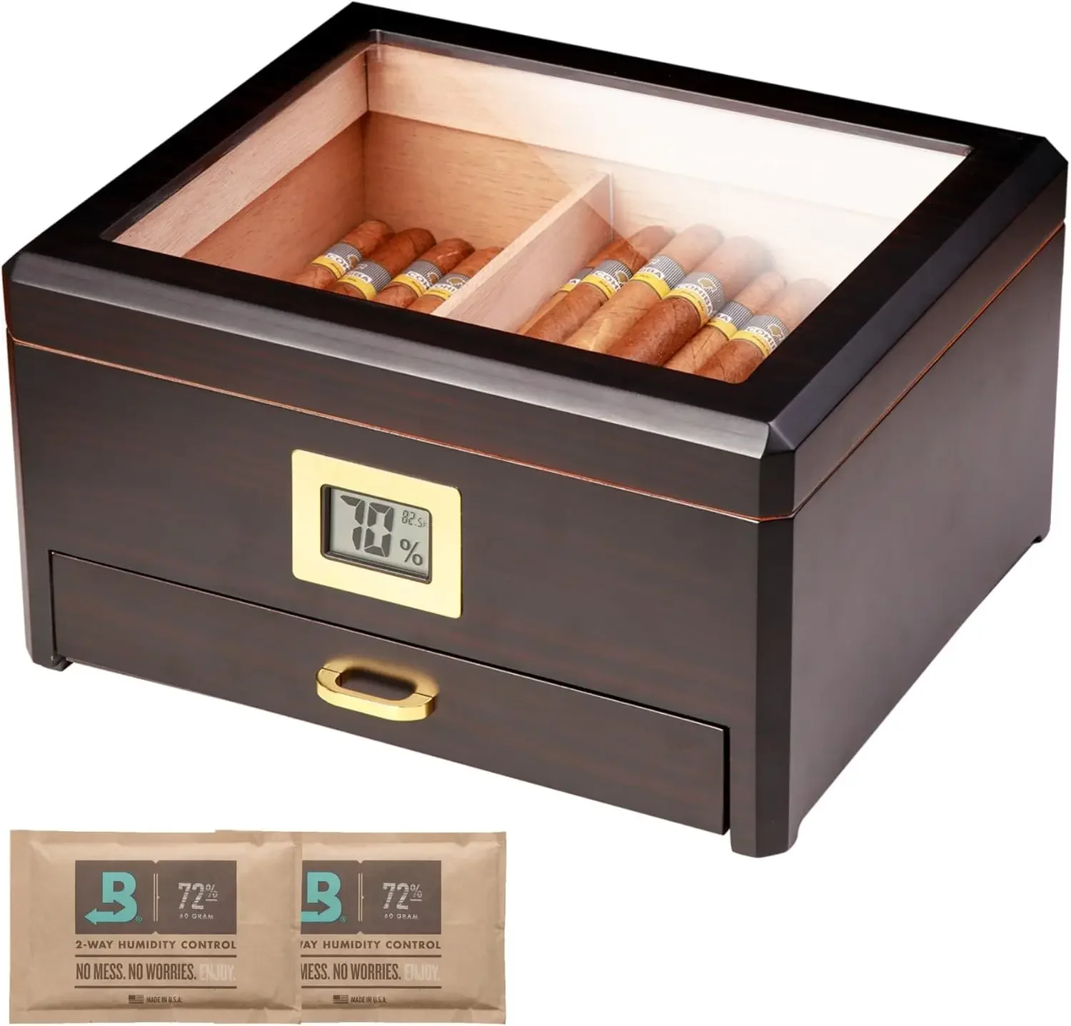 

Cigar Humidor for 50 Counts with Boveda 72%Humidity Packs, Accessory Drawer,Digital Hygrometer, Spanish Cedar Lining and Divider