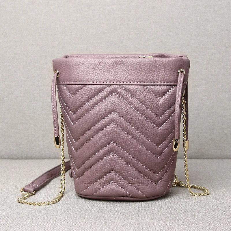 

2025 Genuine Top Grain Leather Women's Bag - Chic Chain Strap, Striped Embroidery Soft Small Shoulder Bucket & Crossbody Purse