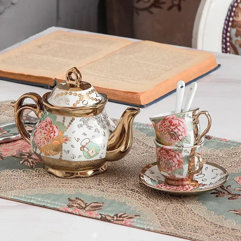 20 Pieces Porcelain Tea Set with Metal Holder European Ceramic Tea Set for Adults Flower Tea Set for Women with Floral